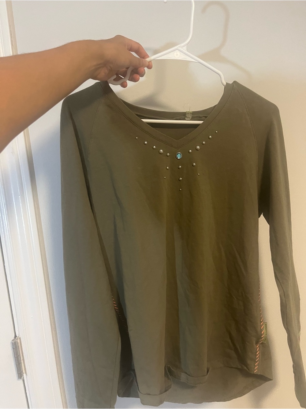 Women's Olive Green Long-Sleeve V-Neck Top with Stud Detail
